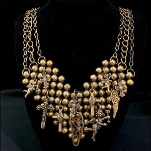 Brass ball V-neck Bib Dangle Crosses Cupid wings charms necklace 20" NEW